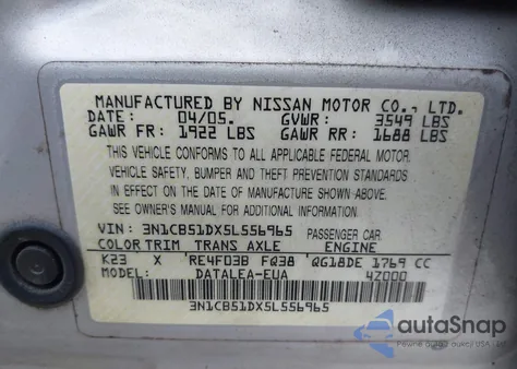 2005 Nissan Sentra 1.8S z USA, uszkodzony, nr VIN 3N1CB51DX5L556965